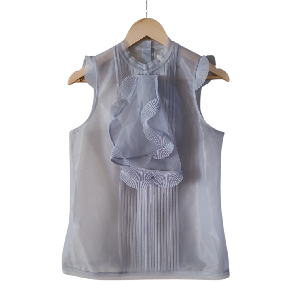 NWT Max Azria Chiffon Sheer Sleeveless Blouse with Ruffle Detail Pale Blue